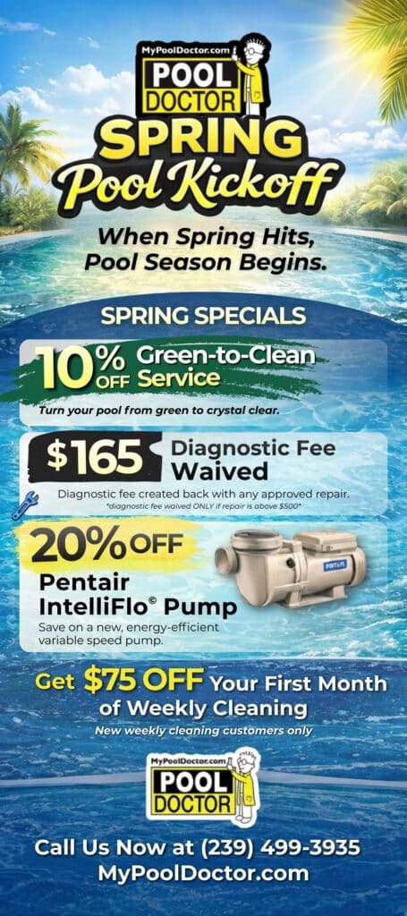 A promotional flyer from Pool Doctor advertises spring pool kickoff specials, including discounts on cleaning, diagnostic fees, and a Pentair IntelliFlo pump, along with contact information and a call to action to call or visit the website.