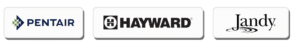 Three rectangular buttons display the logos and names of pool equipment brands, perfect for pool maintenance: Pentair with a blue and green icon, Hayward in bold black letters, and Jandy with black text and a swirl graphic.