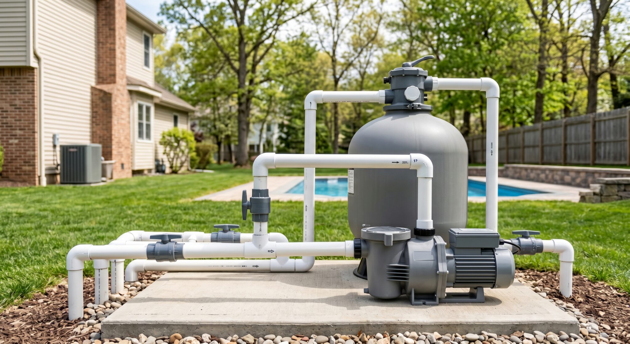A pool filtration system with white PVC pipes and a large gray filter sits on a concrete pad in a backyard, with a swimming pool and house visible in the background—perfect for sending a timely pool filter service alert when maintenance is needed.