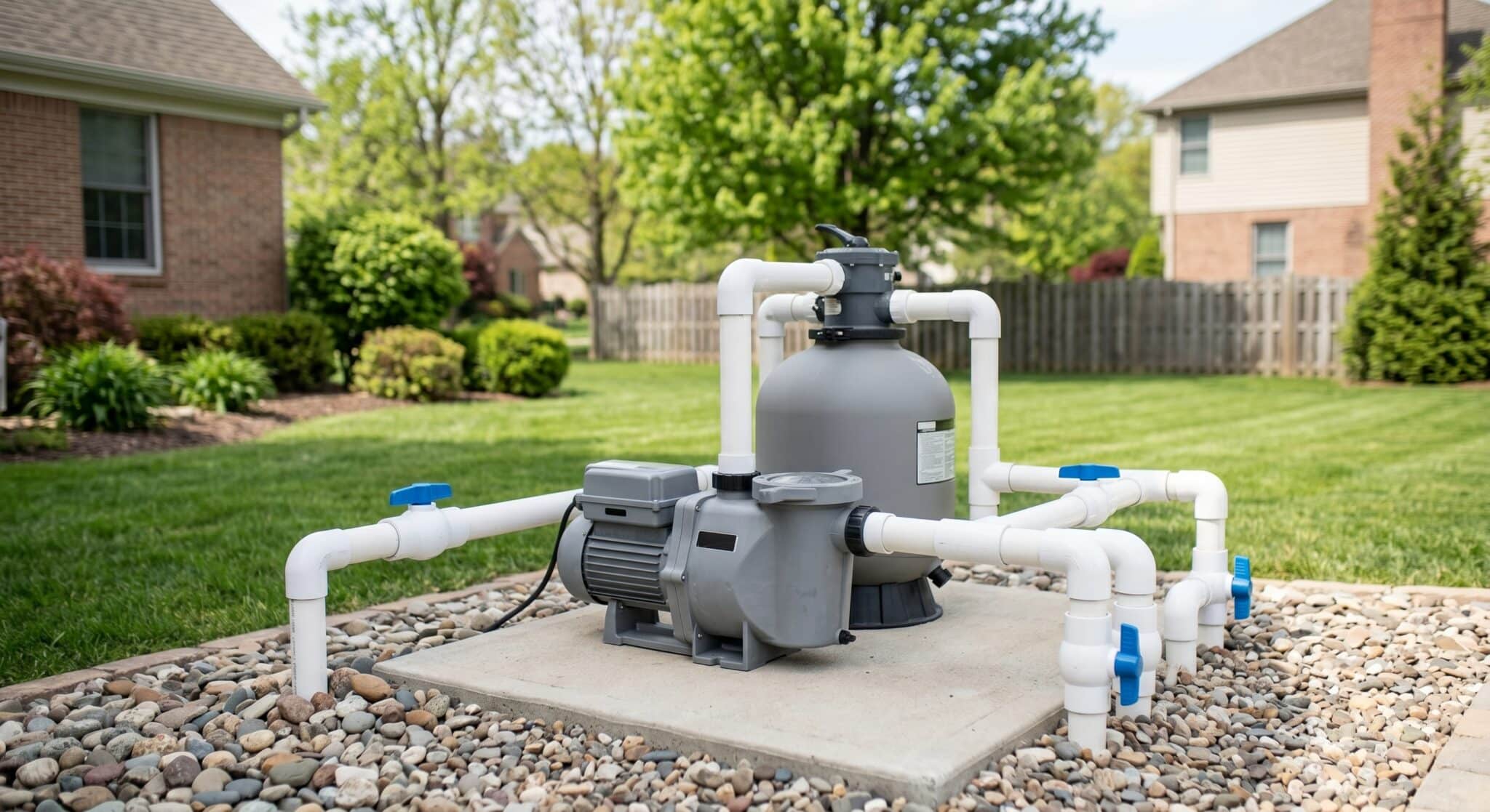 A pool pump and filtration system with white PVC pipes is installed on a concrete pad surrounded by rocks in a backyard with grass, trees, and brick houses in the background, featuring a visible pool pump service alert for maintenance.