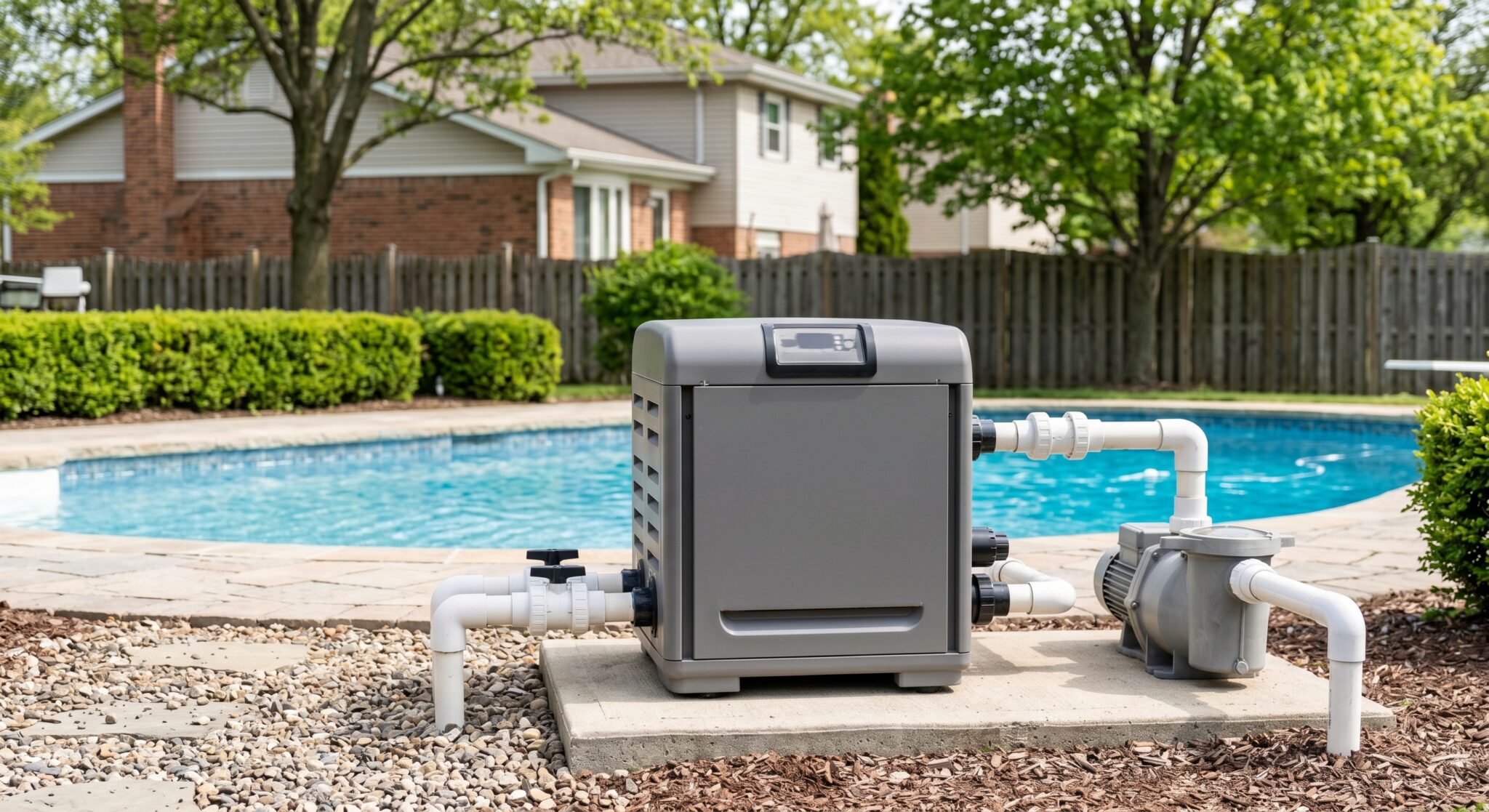 A pool heater and pump system, complete with a pool heater service alert feature, sits on a concrete pad by an outdoor swimming pool in a backyard lined with trees, a fence, and a brick house.