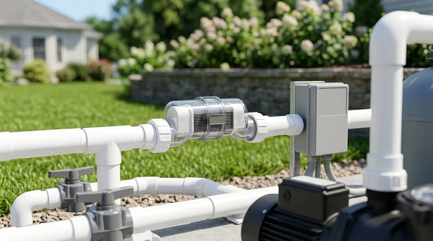 White PVC pipes and fittings connected to a pool pump system in a backyard setting, with a clear section showing a salt cell generator. A salt cell system service alert display is visible. Green lawn, shrubs, and a house are in the background.