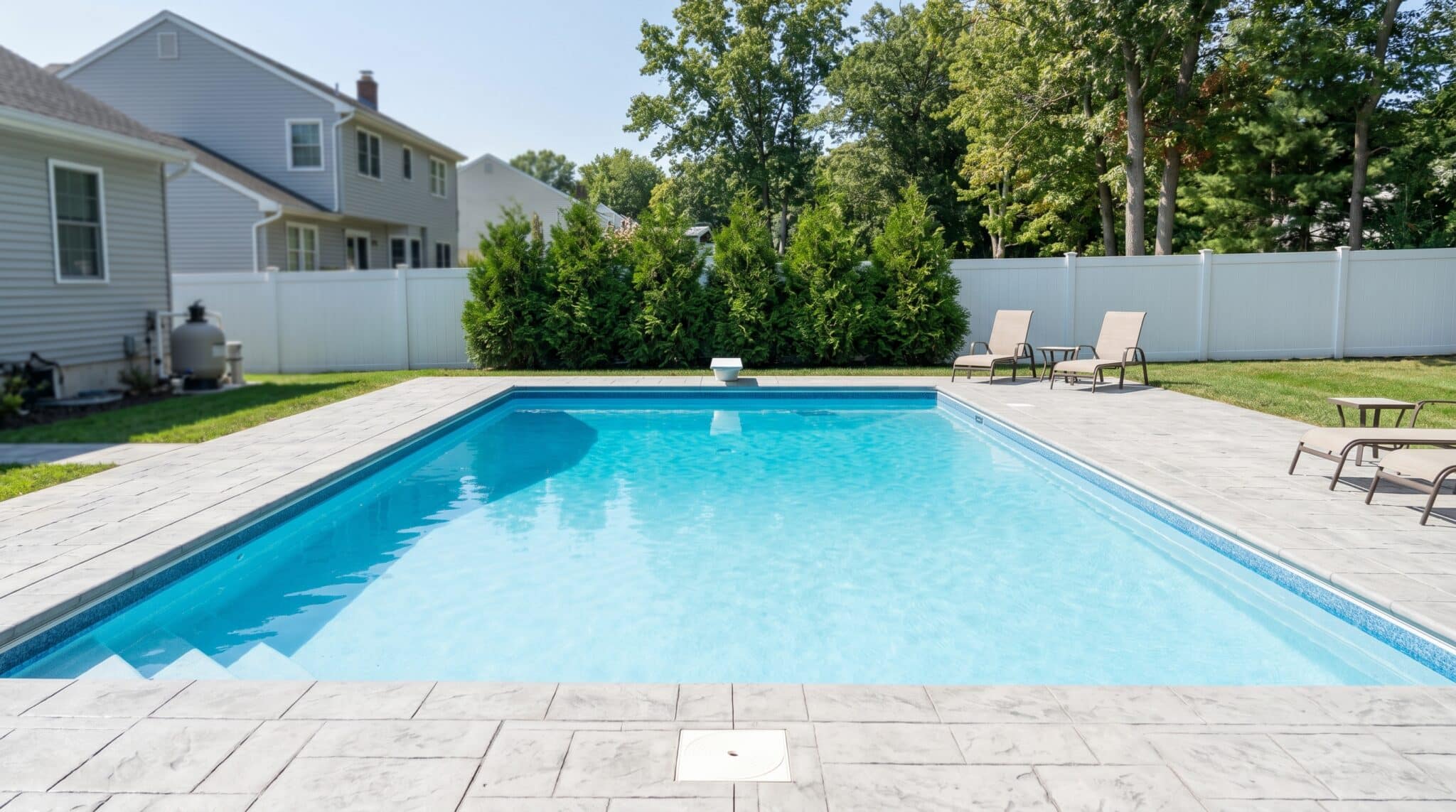 A rectangular backyard swimming pool with clear blue water, surrounded by a concrete patio, lounge chairs, and a white fence with trees and shrubs in the background on a sunny day—a perfect scene for a pool service alert.