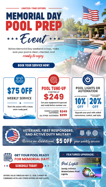 A promotional flyer for Memorial Day pool prep services features discounts on weekly service, pool tune-ups, and pool light upgrades. An American flag and a poolside setting are shown at the top. Various offers and details are listed below.