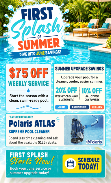 A summer pool cleaning promotion flyer offers $75 off weekly service, features a Polaris Atlas pool cleaner, and advertises 20% and 10% discounts on certain upgrades. The flyer has pool imagery and a