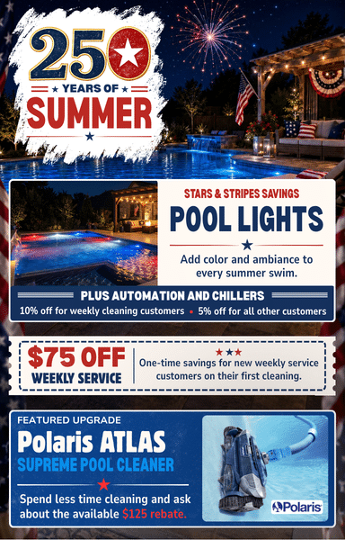 Promotional flyer for a pool service company featuring 250 Years of Summer with offers for pool lights, automation, chillers, $75 off weekly service, and a rebate for the Polaris Atlas Supreme Pool Cleaner.