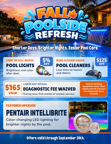 Ad for pool care deals: 5% off all pool pumps and $75 off weekly service for new customers. Poolside chair by the water. Offers end August 31. Blue and yellow text with images of a pump and net.