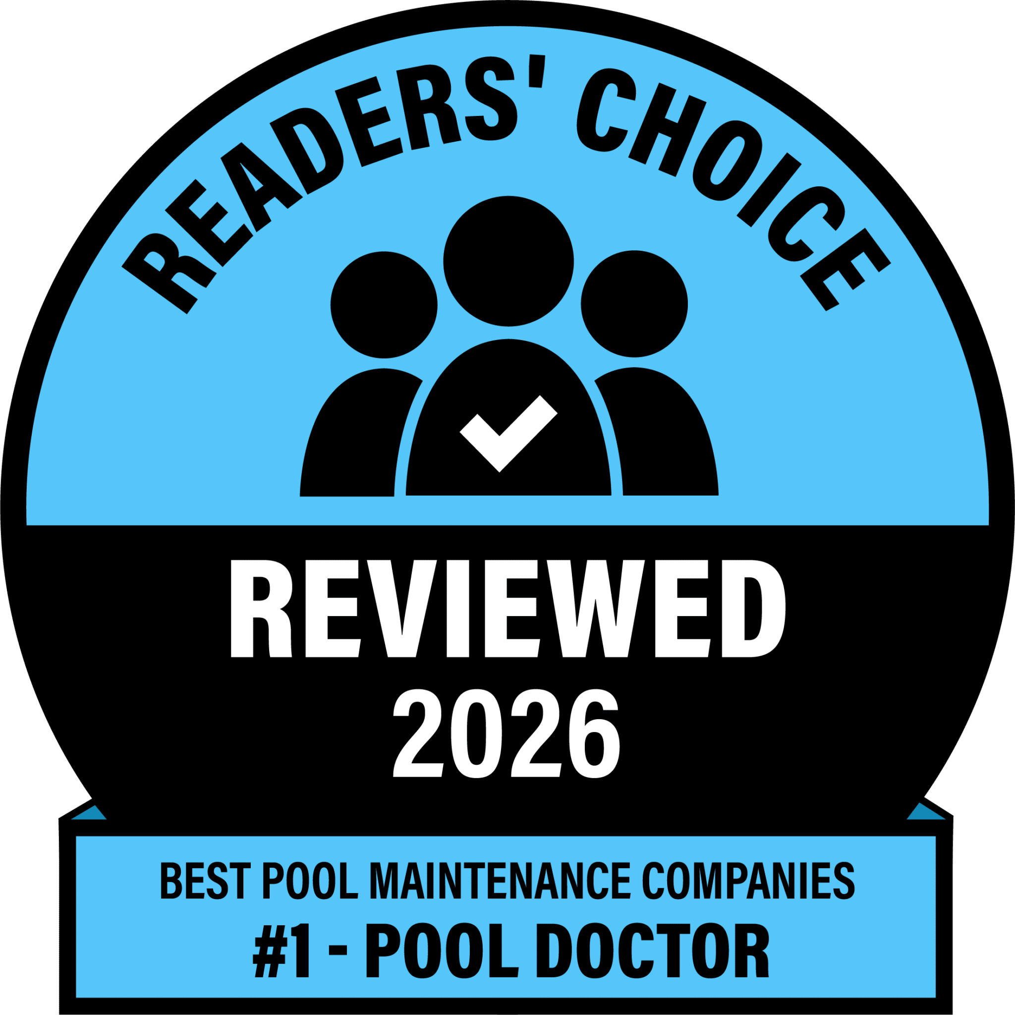 Blue award badge with the text “Readers’ Choice,” “Reviewed 2026,” and “Best Pool Maintenance Companies: #1 Pool Doctor.”